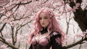 Картинка красотка 3д+графика люди+ people girl fantasy sakura pink hair dress nature art