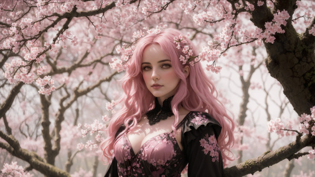 Обои картинки фото красотка, 3д графика, люди , people, girl, fantasy, sakura, pink, hair, dress, nature, art