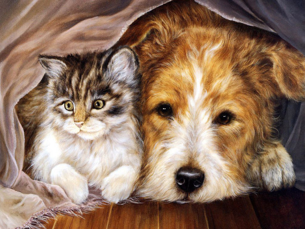 Обои картинки фото друзья, рисованные, животные, кот, собака