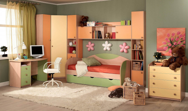 Обои картинки фото интерьер, детская, комната, ковер, игрушки, кровать, компьютер, стол