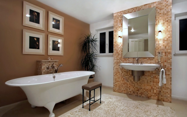 Обои картинки фото интерьер, ванная, туалетная, комнаты, ванна, умывальник, вазон, зеркало