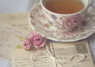 обоя еда, напитки, Чай, чашка, розы, газета, винтаж