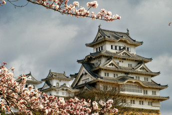 обоя himeji, castle, города, замки, Японии, Япония, замок, цветущая, сакура