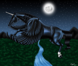 Картинка рисованные животные +сказочные +мифические луна ночь пегас