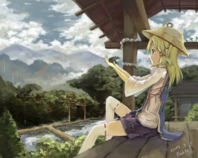 Картинка аниме touhou лягушка gensou kuro usagi арт дождь деревья природа шляпа дом девушка moriya suwako радуга