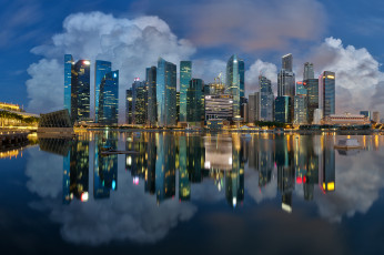 обоя города, сингапур , сингапур, марина-бэй, отражение, вечер, огни