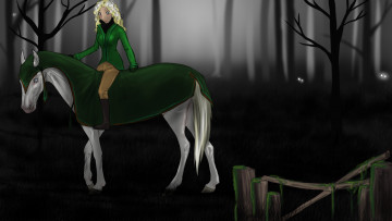 Картинка рисованные животные +лошади всадник лошадь лес