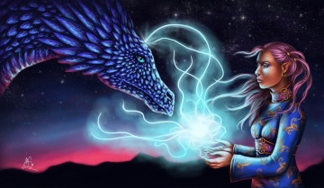 Картинка фэнтези красавицы+и+чудовища дракон эльфийка ушки магия руки арт девушка