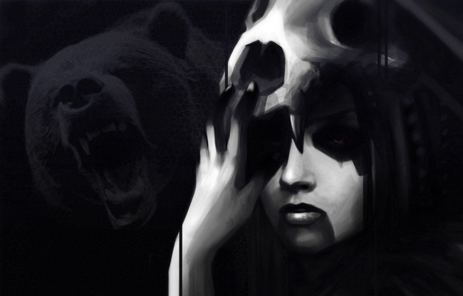 Обои картинки фото фэнтези, красавицы и чудовища, девушка, череп, медведь