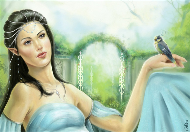 Обои картинки фото фэнтези, эльфы, арт, птица, эльфийка, девушка, meneliel