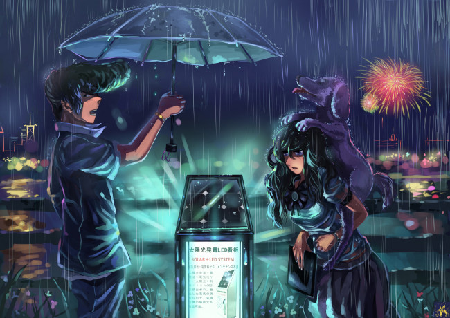 Обои картинки фото аниме, touhou, трава, дождь, девушка, парень, ryuusei, seinen, арт, фейерверк, цветы, собака, зонт