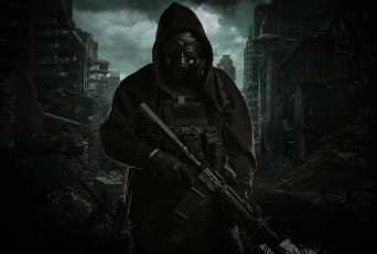 Картинка фэнтези люди куртка противогаз капюшон мужчина город оружие штурмовая винтовка разрушение