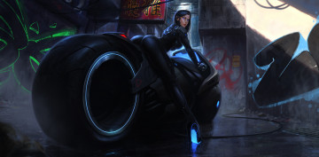 Картинка фэнтези роботы +киборги +механизмы будущее город мотоцикл девушка мир иной