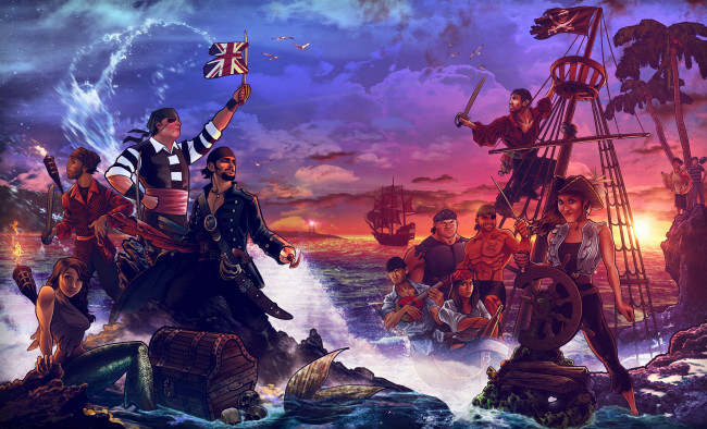Обои картинки фото фэнтези, люди, русалка, сундук, берег, девушки, корабль, пираты