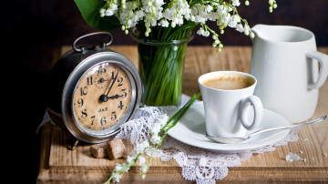 Картинка еда кофе +кофейные+зёрна будильник цветы