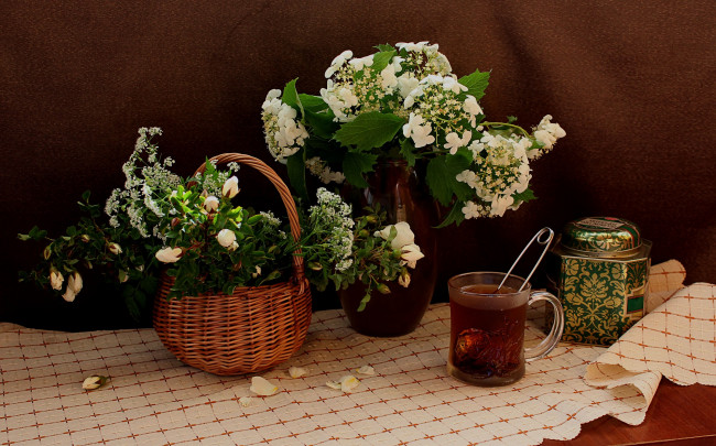Обои картинки фото еда, напитки,  Чай, чай, цветы, натюрморт, лето, калина
