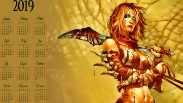 Картинка календари фэнтези 2019 calendar женщина кровь девушка воительница оружие взгляд