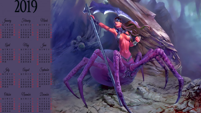 Обои картинки фото календари, фэнтези, 2019, calendar, девушка, паук, оружие, существо