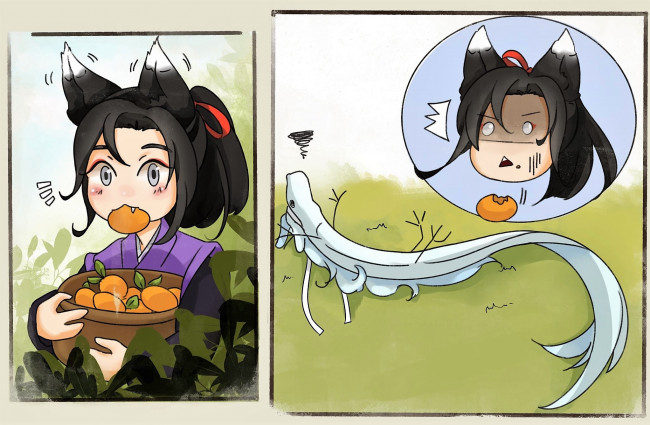 Обои картинки фото аниме, mo dao zu shi, вэй, усянь, лань, ванцзы, дракон, лис, корзина, фрукты