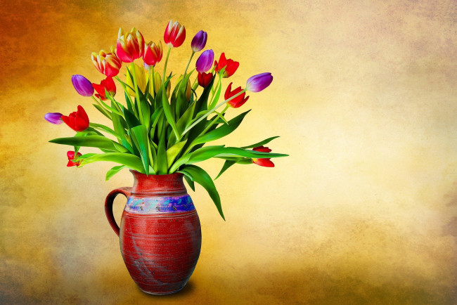 Обои картинки фото цветы, тюльпаны, кувшин, бутоны, разноцветные, букет