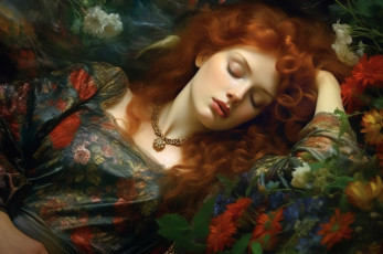 Картинка красота рисованное люди девушка лицо сон спит лежит рыжая рыжеволосая длинные волосы локоны цифровая живопись цифровое искусство ии-арт нейросеть картина искусственного интеллекта