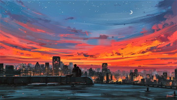 Картинка рисованное города закат город панорама крыша пара