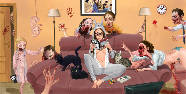 Обои картинки фото рисованное, комиксы, девушка, фон, журнал, диван, зомби, кот