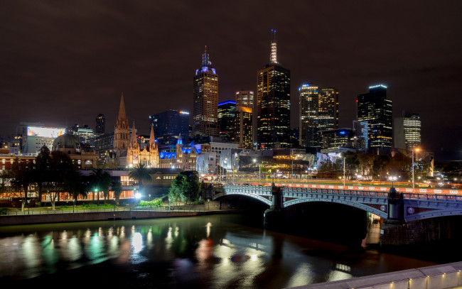 Обои картинки фото города, мельбурн , австралия, ночь, река, мост, огни