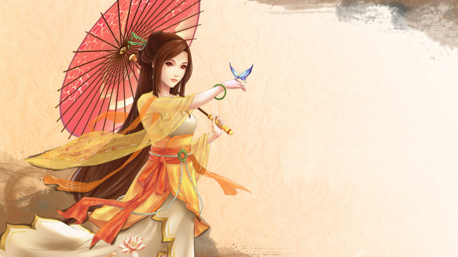 Обои картинки фото аниме, *unknown, другое, цветок, девушка, зонтик, бабочка