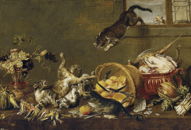 Обои картинки фото фламандская, живопись, xvii, века, рисованные, ножи, хлеб, мясо, фрукты, коты, драка, окно