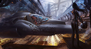 Картинка фэнтези космические корабли звездолеты станции девушка