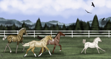 обоя рисованные, животные, лошади, лес, забор