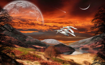 Картинка 3д графика atmosphere mood атмосфера настроения горы лебеди комета река тучи планеты