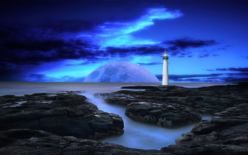 Картинка 3д графика atmosphere mood атмосфера настроения тучи планета свет маяк камни океан берег
