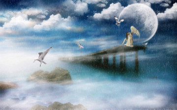 Картинка 3д графика fantasy фантазия птицы дождь ангел мост море