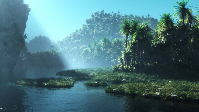 Обои картинки фото 3д, графика, nature, landscape, природа, пальмы, река