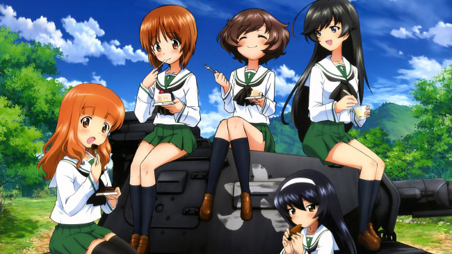 Обои картинки фото girls, und, panzer, аниме, пирожные, девушки