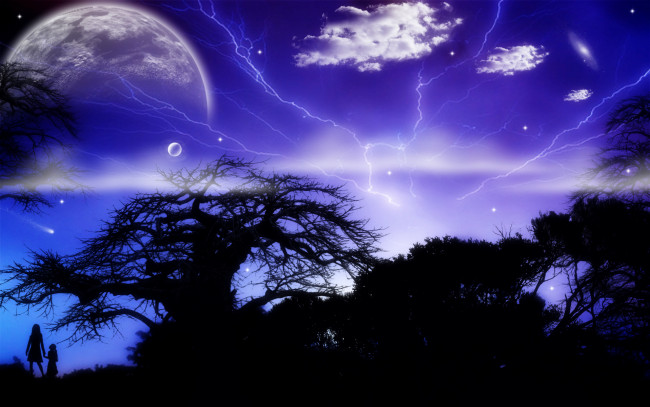 Обои картинки фото 3д, графика, atmosphere, mood, атмосфера, настроения, облака, деревья, ночь, небо, молнии, планеты, фигуры