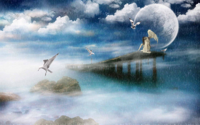 Обои картинки фото 3д, графика, fantasy, фантазия, птицы, дождь, ангел, мост, море