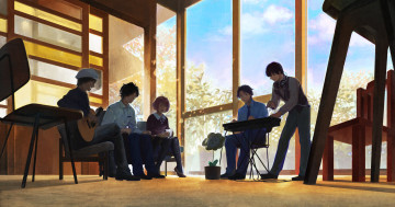 Картинка аниме -headphones+&+instrumental арт мужчины девушки комната окно музыкальные инструменты люди