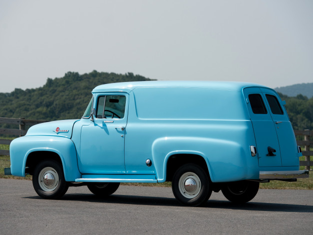 Обои картинки фото автомобили, ford, f-100, голубой, 82, panel, custom, cab, 1956г