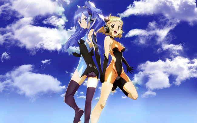 Обои картинки фото senki zesshou symphogear, аниме, облака, девушки, костюм