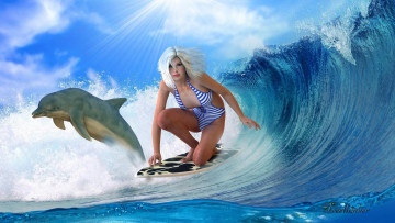 Картинка 3д+графика люди+ people взгляд фон волна дельфин девушка