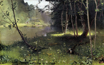 Картинка рисованное николай+дубовской лесная река деревья трава дубовской вода люди лодки бабочки берег