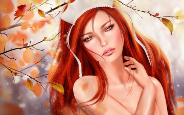 Картинка 3д+графика люди+ people рыжая девушка листья осень