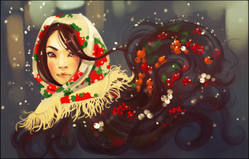 Картинка рисованное люди зима девушка платок волосы ягоды лицо взгляд