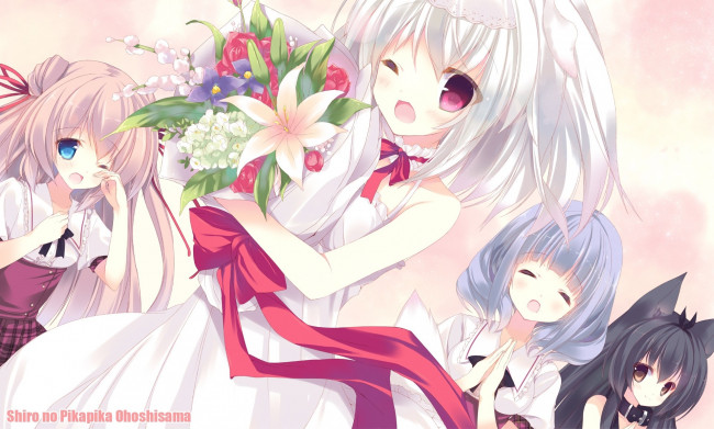 Обои картинки фото аниме, unknown,  другое, подружки, цветы, свадебное, платье, взгляд, фон, свадьба, девушки