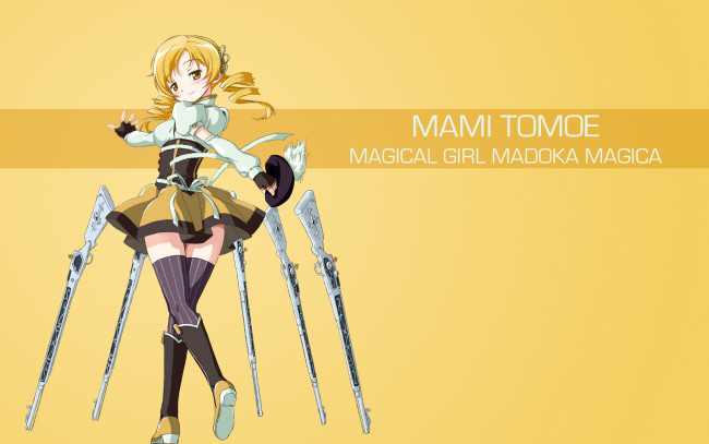 Обои картинки фото аниме, mahou shoujo madoka magika, оружие, девушка, фон, взгляд