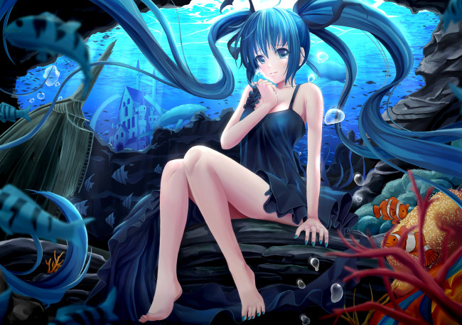 Обои картинки фото аниме, vocaloid, barefoot, blue, hair, deep-sea, girl, dress, fish, hatsune, miku, jpeg, artifacts, long, rayxray, twintails, underwater, water