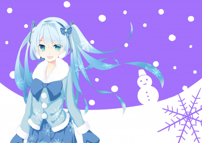 Обои картинки фото аниме, vocaloid, hatsune, miku, девушка, взгляд, фон, снеговик, зима